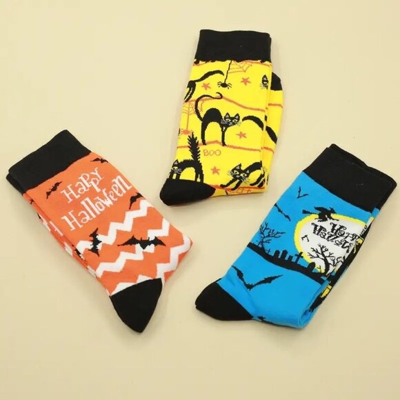 Happy Haunts Halloween Socks White Chevron Black Bats Orange Gift Packaged - Picture 3 of 9